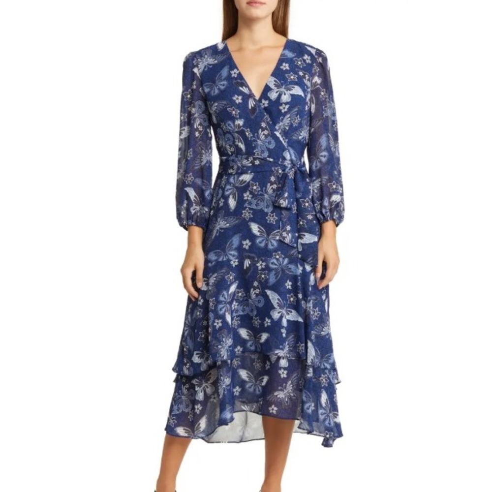 Eliza J Floral Long Sleeve Faux Wrap Midi Dress Size 14 Blue Chiffon Butterfly